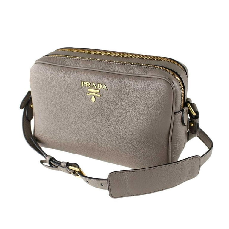 New Prada Argilla Grey Vitello Phenix Leather Double Zip Crossbody Bag  1BH079