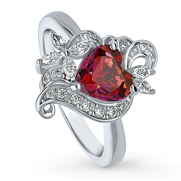BERRICLE Sterling Silver Heart Simulated Ruby Cubic Zirconia CZ Flower Fashion Ring for Women, Rhodium Plated Size 4.5