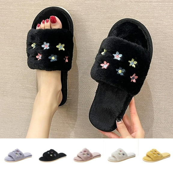 Womens House Slippers Flat Heel Open Toe Slip-on Flats Slides Women's Casual Winter Thickened Velvet Warm Shoes Casual Flat Shoes Black 7.5