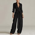 thumbnail image 4 of TEAJOPSUU Women's 2 Pcs Outfits Long Sleeve Button Front Collared Belted Shirts Loose Wide Leg Pants with Pockets Flowy Solid Mathcing Sets Women Clothing Black, 4 of 8