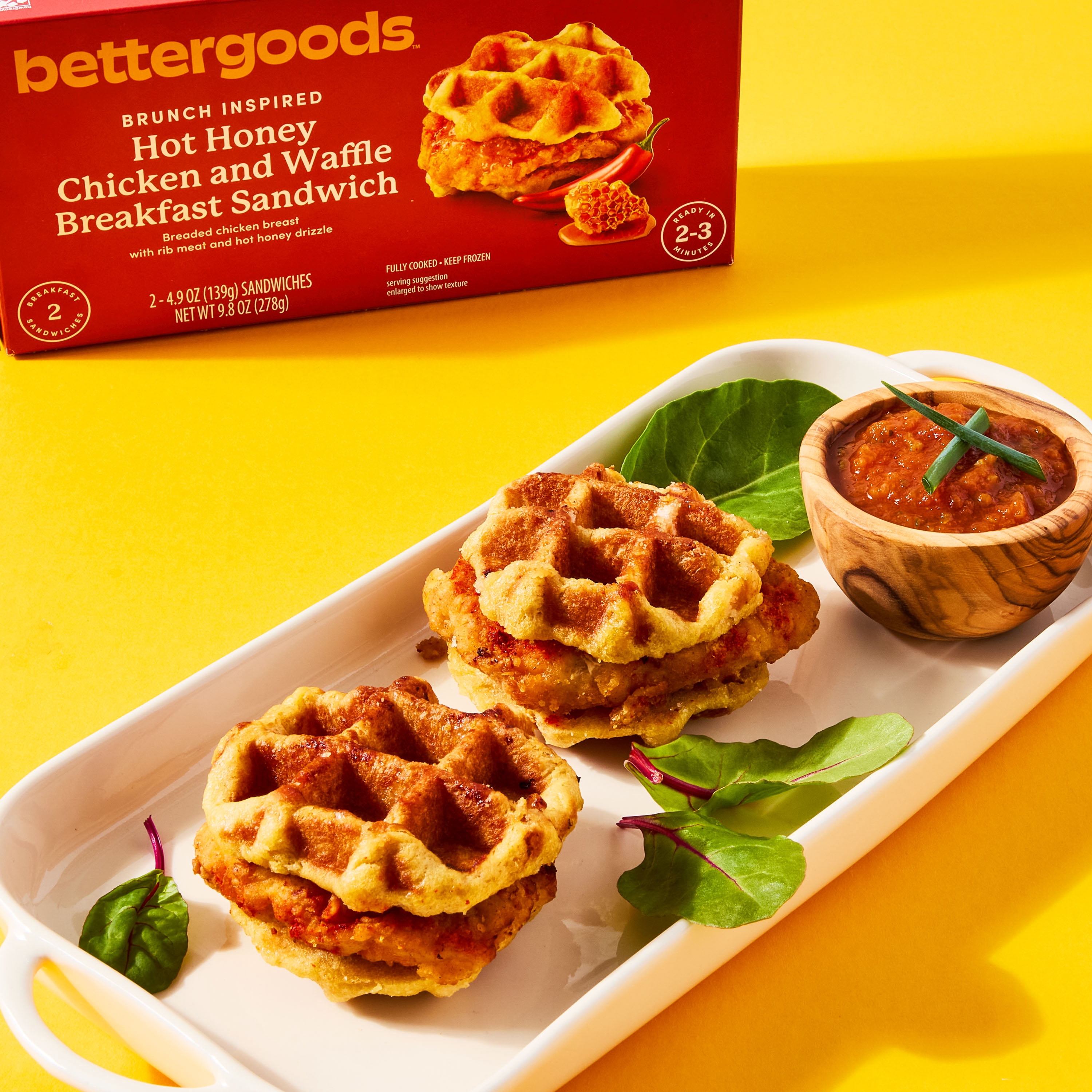 bettergoods Hot Honey Chicken and Waffle Breakfast Sandwich, 4.9 oz, 2 Count (Frozen)
