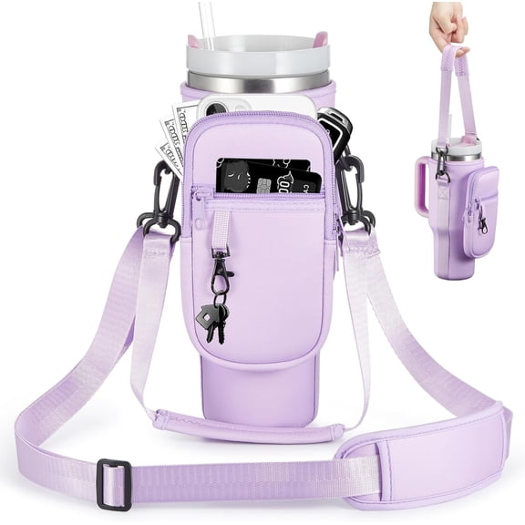 DUYIGCR Water Bottle Carrier Bag with Phone Pocket, Insulated Neoprene Cup Holder for 30 oz and 40 oz Tumblers with Handle, Adjustable Strap, Purple