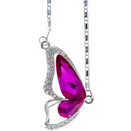 Rhodium Plated Necklace with Butterfly Wing Design with a 16 Extendable Chain and High Quality Amaranth Colored Crystals by Matashi