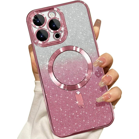 Compatible with iPhone 14 Pro Magnetic Glitter Case with Camera Lens Protector Full Protection Case Compatible with MagSafe Elegant Anti-Scratch Case Cover for iPhone 14 Pro Pink
