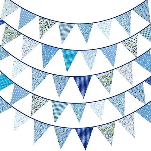 Bannière de Banderole en Tissu de 40 Pieds, Bannière de Banderole Vintage Florale Bleue, Ruban de Guirlande de Fanions en Coton Réutilisable