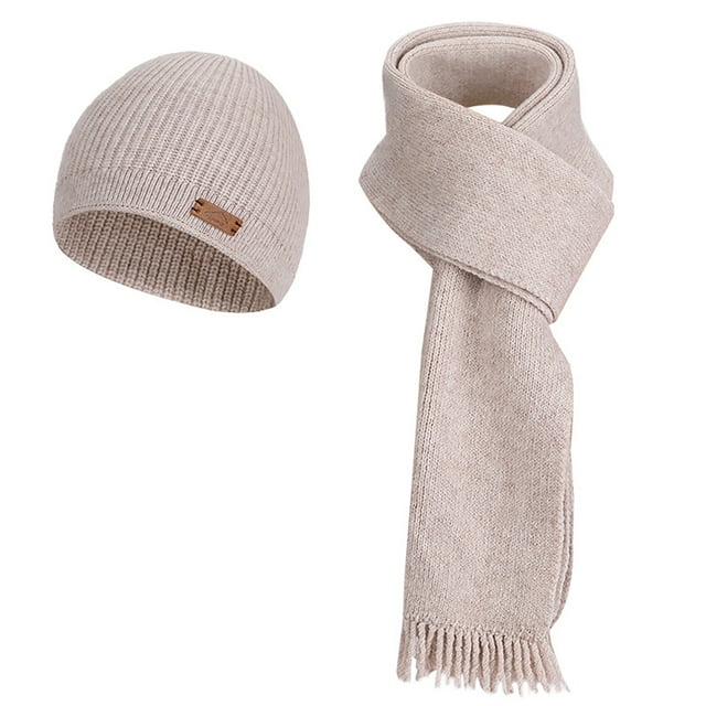 HAiming Women Knit Hat Long Scarf 2PCS Set Solid Color Soft Warm Thick Winter Trendy Caps Ears Protection