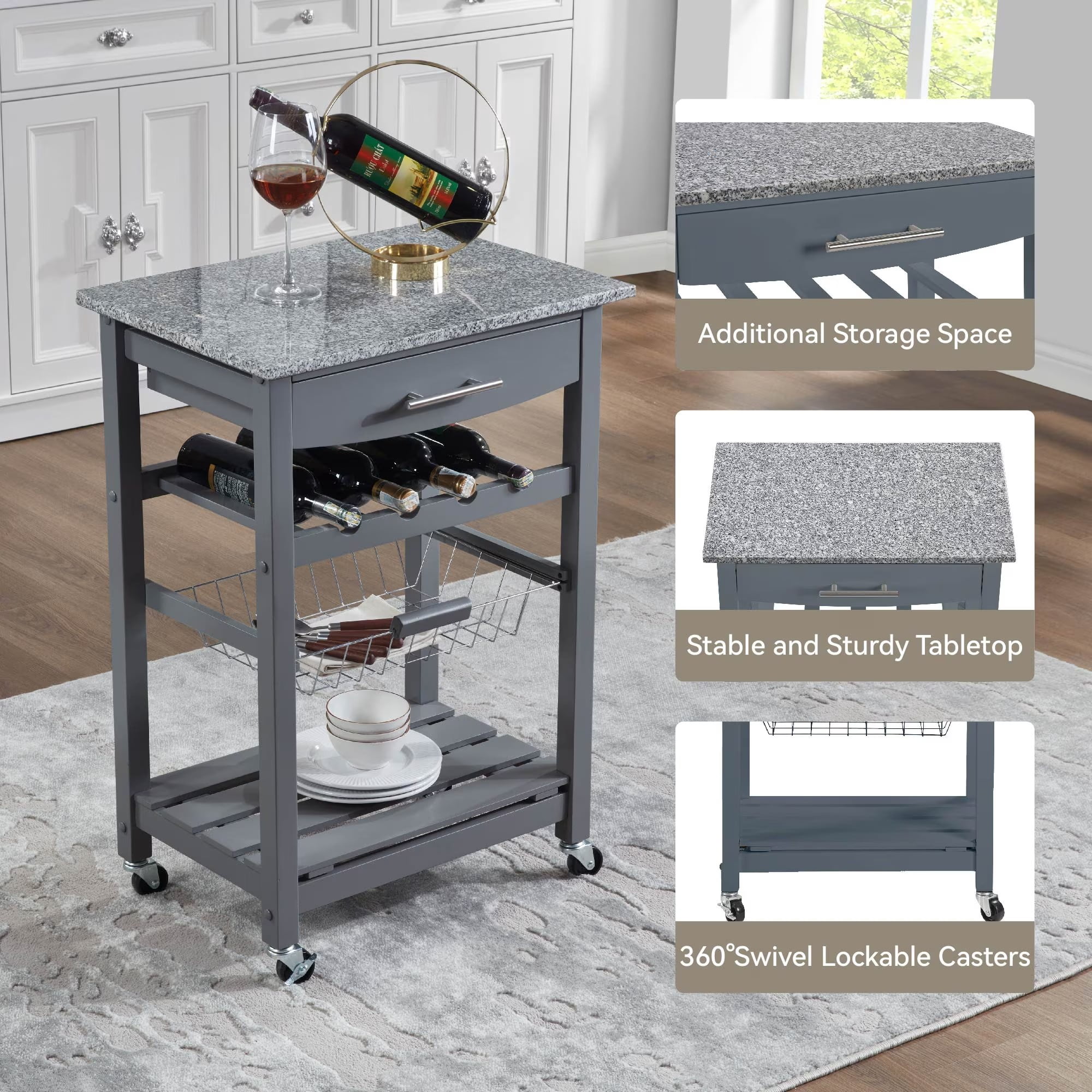 Avobird Kitchen Island Cart, Mobile Kitchen Cart with 22inch Marble Countertop/Underneath Drawer/Slide-Out Wire Storage Basket, Gray