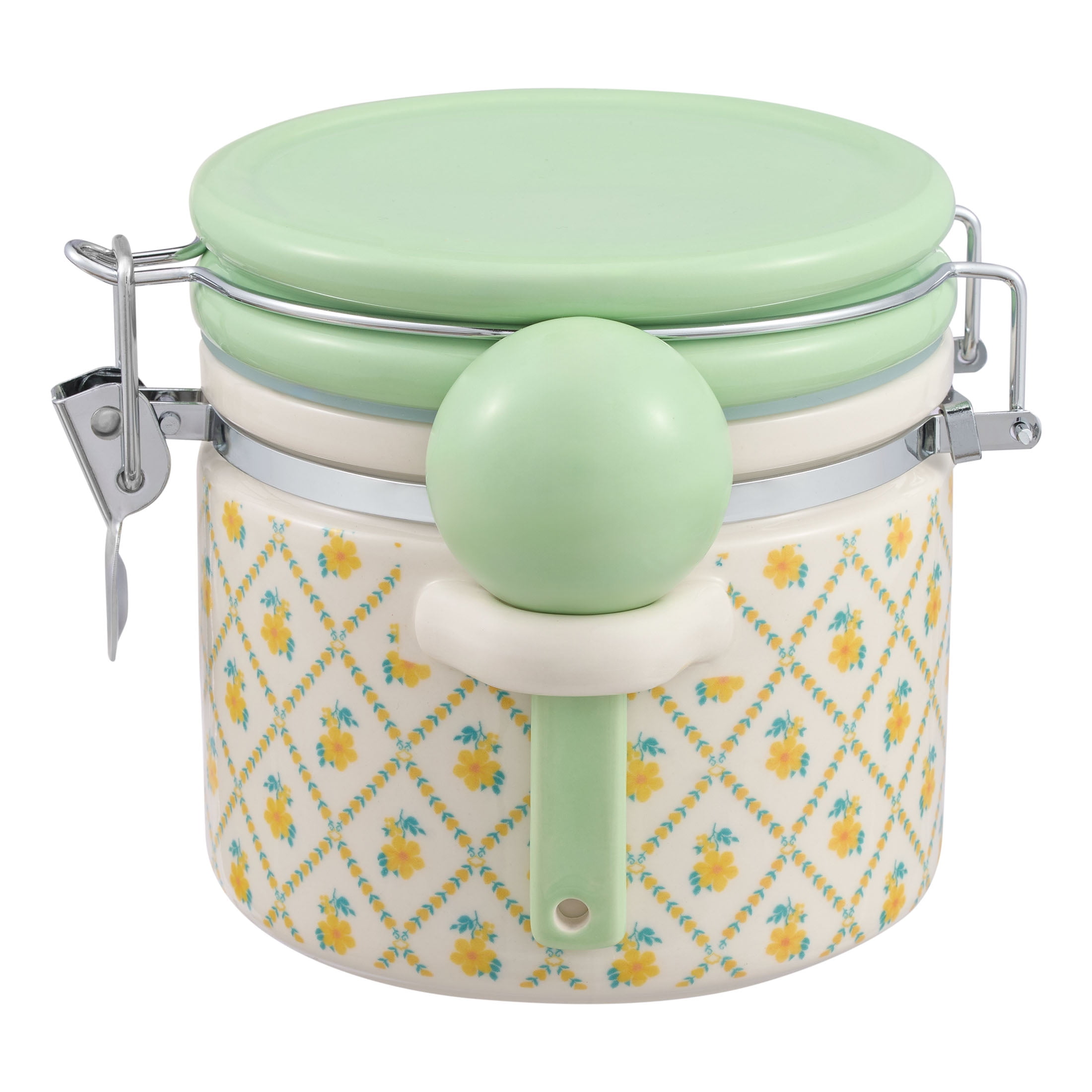 (4 pack) The Pioneer Woman Stoneware Painted Meadow Medium Canister with Lid and Ceramic Spoon, Ideal Use for Pantry Organization and Food Storage