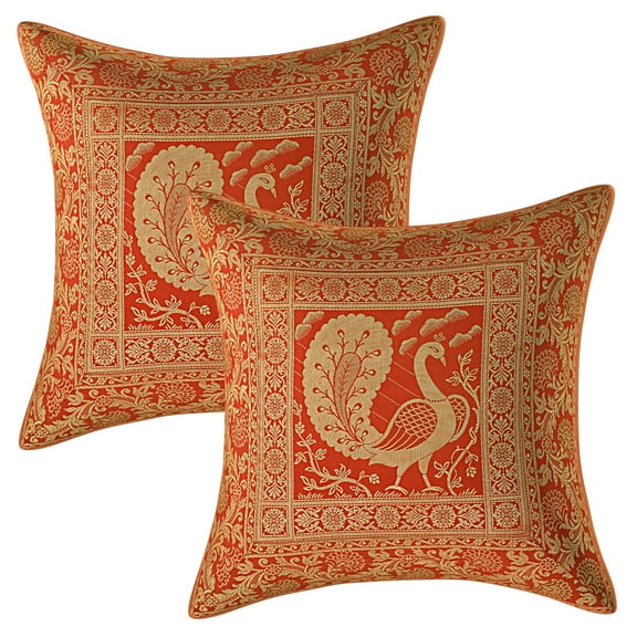 Stylo Culture Indian Zippered Brocade Red And Gold Throw Pillow Covers 16x16 Jacquard Weave Banarsi Sofa Colorful Throw Pillow Covers Dancing Peacock 40x40 cm Decorative Cushion Covers (Set Of 2)