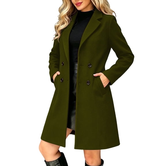 SuTry Women's Wool Coat, Double Breasted Notched Lapel Long Sleeve, Solid Color Slim Fit Mid Length Winter Overcoat, Everyday Business Casual Outerwear
