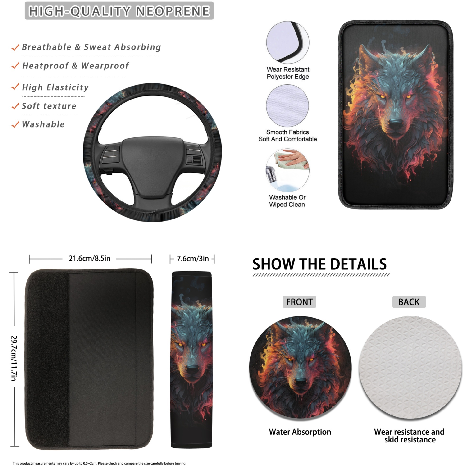 Tutolipy Wolf Print Car Seat Cover Full Sets, 16 Piece, Includes Car Front Rear Seat Cover Steering Wheel Cover Seatbelt Cover Armrest Cover Gear Shift Cover Handbrake Cover Car Headrest