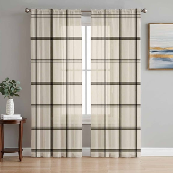 Linen Buffalo Check Sheer Curtains 84 Inch Length 2 Panels Set Window Treatments, Retro Black Lines Grid Pattern Rod Pocket Semi Curtains for Living Room/Bedroom/Kitchen Décor, 104"W x 84"L