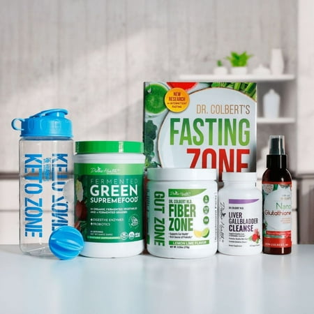 Dr. Colbert MD Detox Starter Pack | by Divine Health | Green Supremefood | Fiber Zone (Lemon-lime) | Liver Gallbladder Cleanse | Nano Glutathione Spray| Fasting Zone Book | Shaker bottle