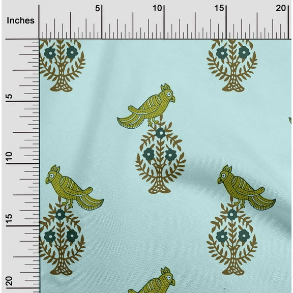 oneOone Silk Tabby Fabric Leaves|Bird & Floral Block Print Sewing Fabric BTY 42 Inch Wide