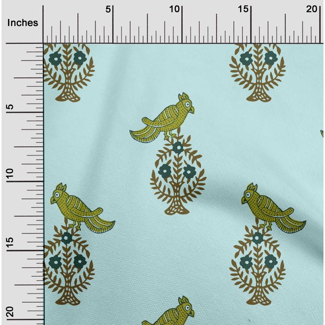 oneOone Silk Tabby Fabric Leaves|Bird & Floral Block Print Sewing Fabric BTY 42 Inch Wide