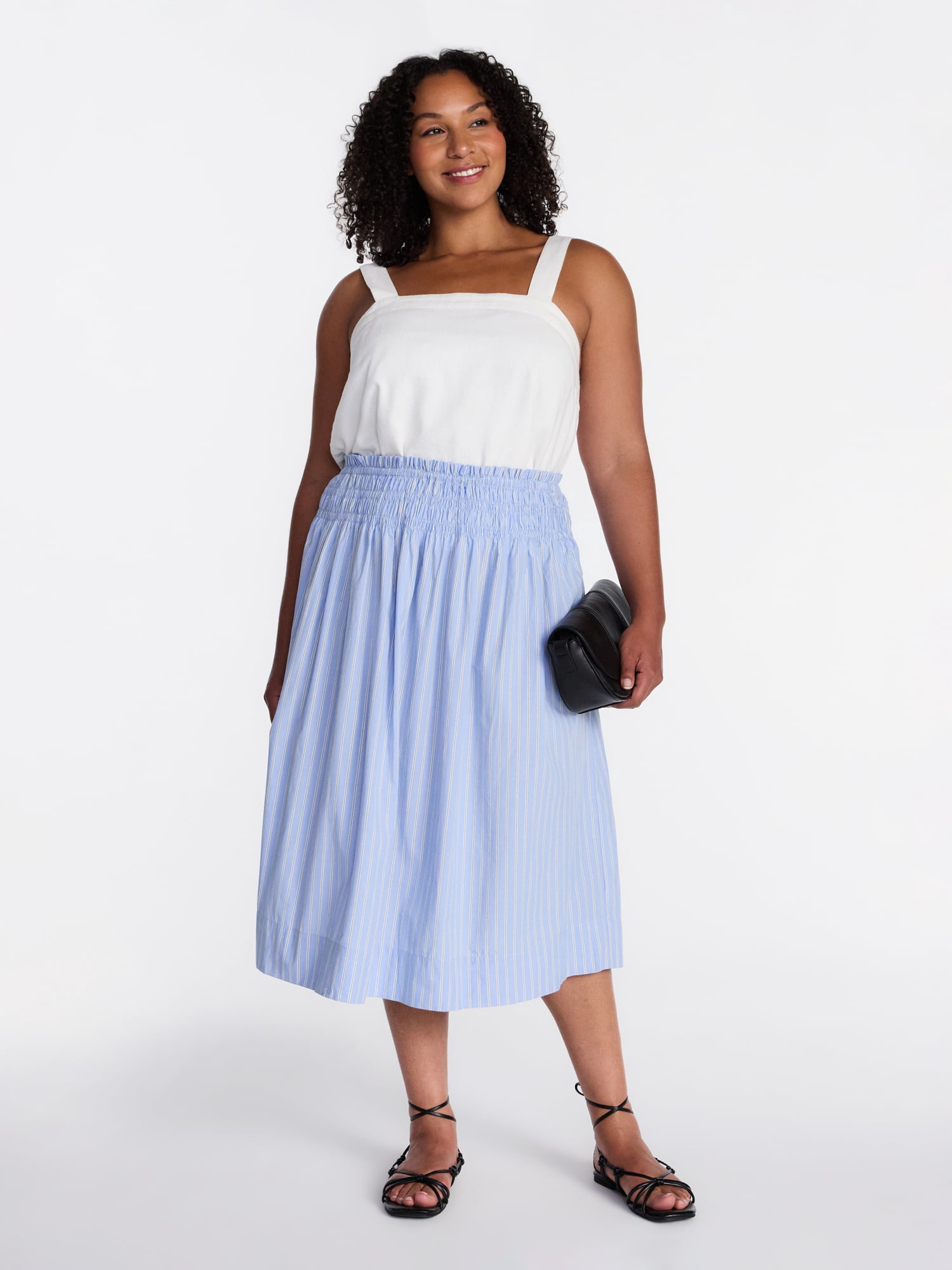 Time and Tru Women's Smocked Waist Cotton Midi Skirt, Sizes XS-XXXL