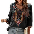 thumbnail image 4 of Grosy Womens Plus Size Tops 3/4 Sleeve V Neck Shirts Tunic Casual Floral Embroidered Loose Summer Fall Blouses Mexican Peasant Cotton Rayon Shirts-328/Black/L, 4 of 12