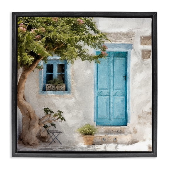 Stupell Industries Traditional Blue Door & Tree Black Floating Frame Canvas Art, 18 x 18, by Riley B