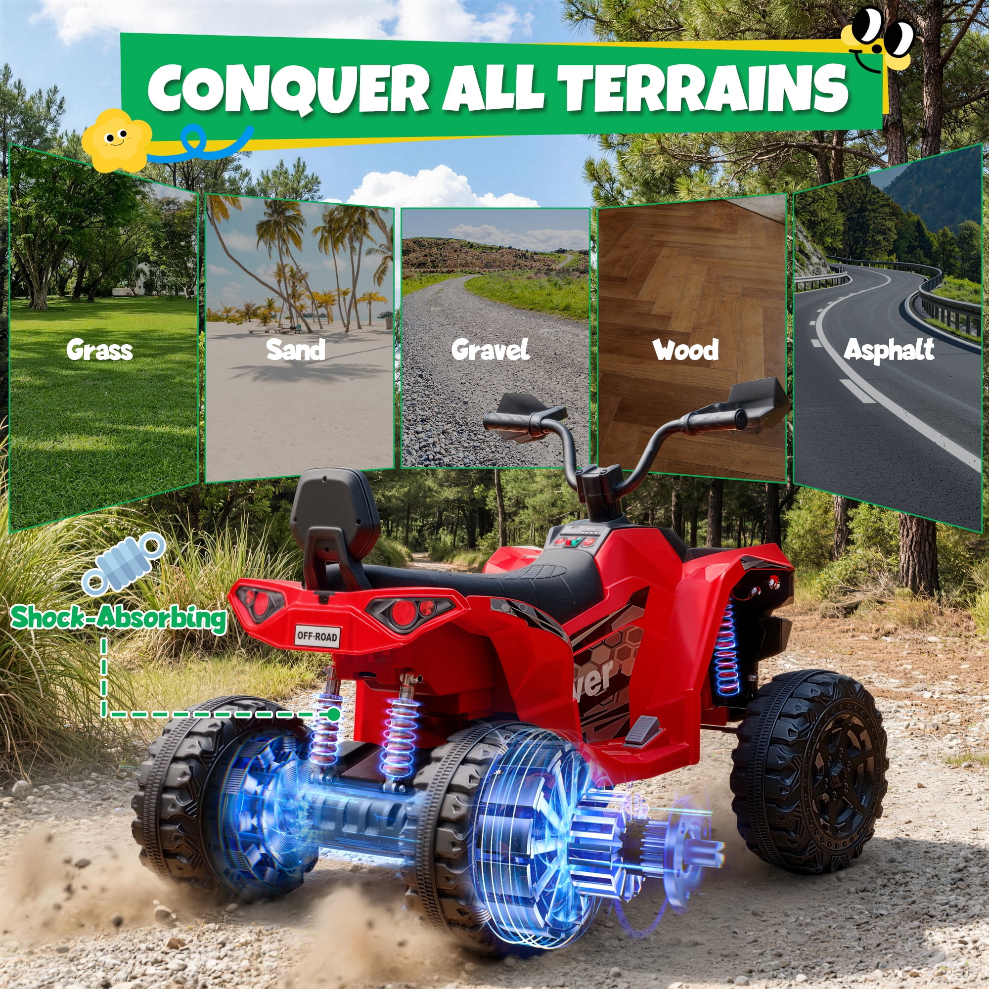 24V Kids Ride On ATV for Ages 3-8, 4WD Electric Quad with 4 Motors, Bluetooth Music, LED Lights, Spring Suspension, 3-5 km/h, 110 lbs Capacity, Battery Powered Toy for Boys Girls, Red