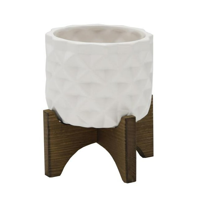 Flora Bunda CT792E-MTWH 5 in. Ceramic Dimple Pattern on Wood Stand, Matte White