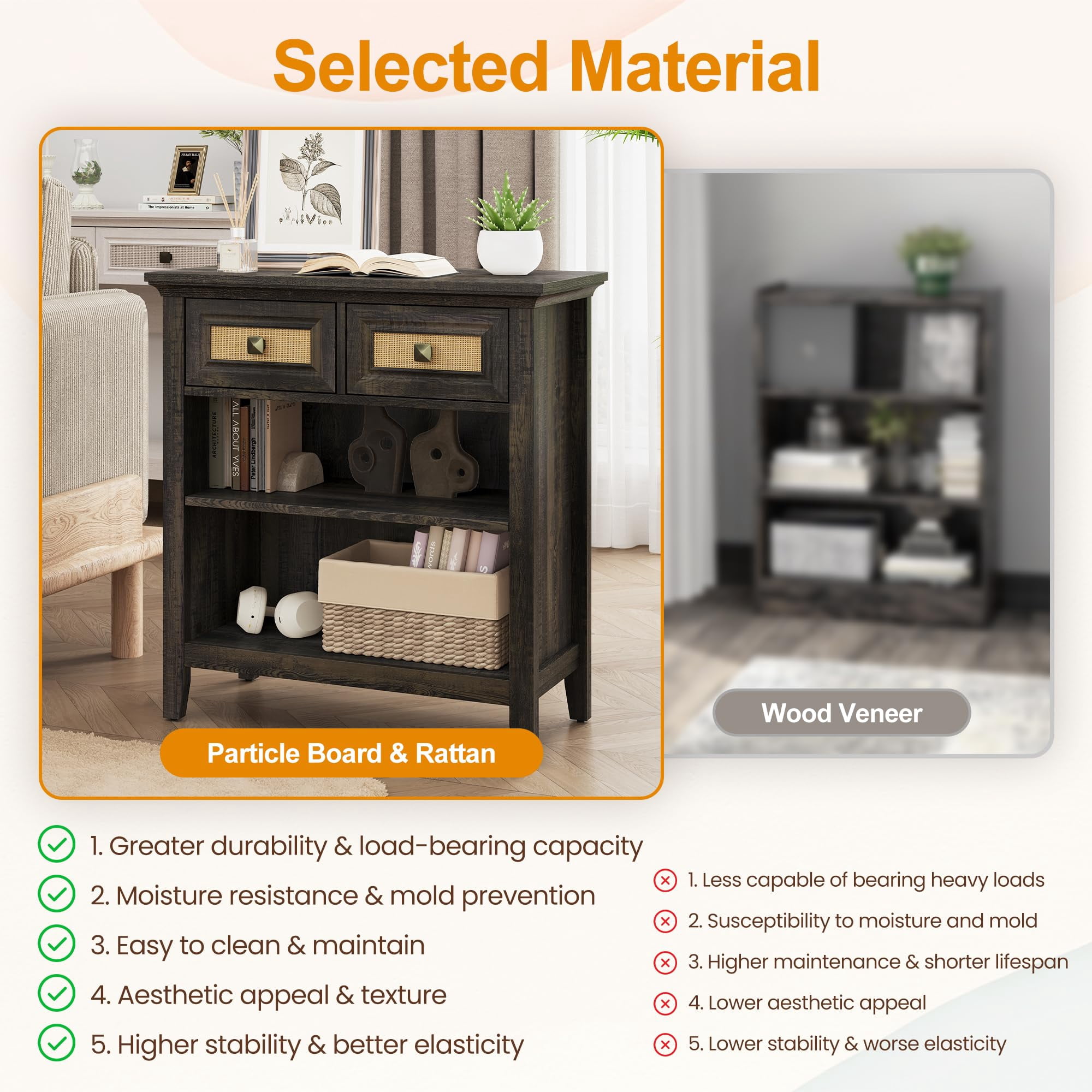RoyalCraft Rattan Storage Cabinets, Accent Boho Storage Cabinet with 2 Drawers and 2 Shelves, Multipurpose Modern Storage Cabinet for Living Room, Entryway, Front Hall, Hallway, Coffee