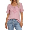 thumbnail image 2 of SSZMDLB Women V Neck Short Sleeve T-Shirts Eyelet Lace Top Curved Hem Solid Casual Summer Tees Elegant Vacation Outfits Workout Clothes, Pink 2XL, 2 of 5