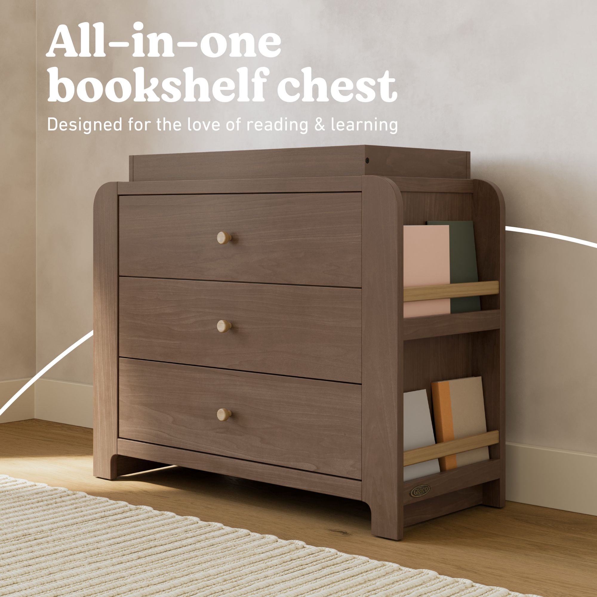 Graco Read-with-Me 3 Drawer Chest with Bookshelves and Removable Changing Topper, Hazelnut with Driftwood
