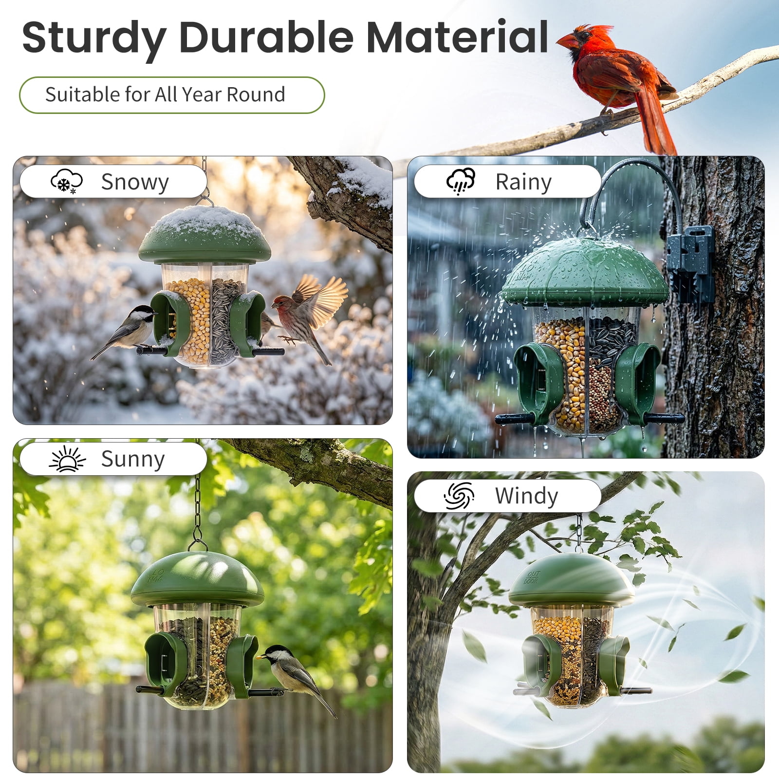 LONA Outdoor Tube Bird Feeder, 3-Compartment Hanging Bird Feeder with Weatherproof Dome & 3 Feeding Ports (Green)