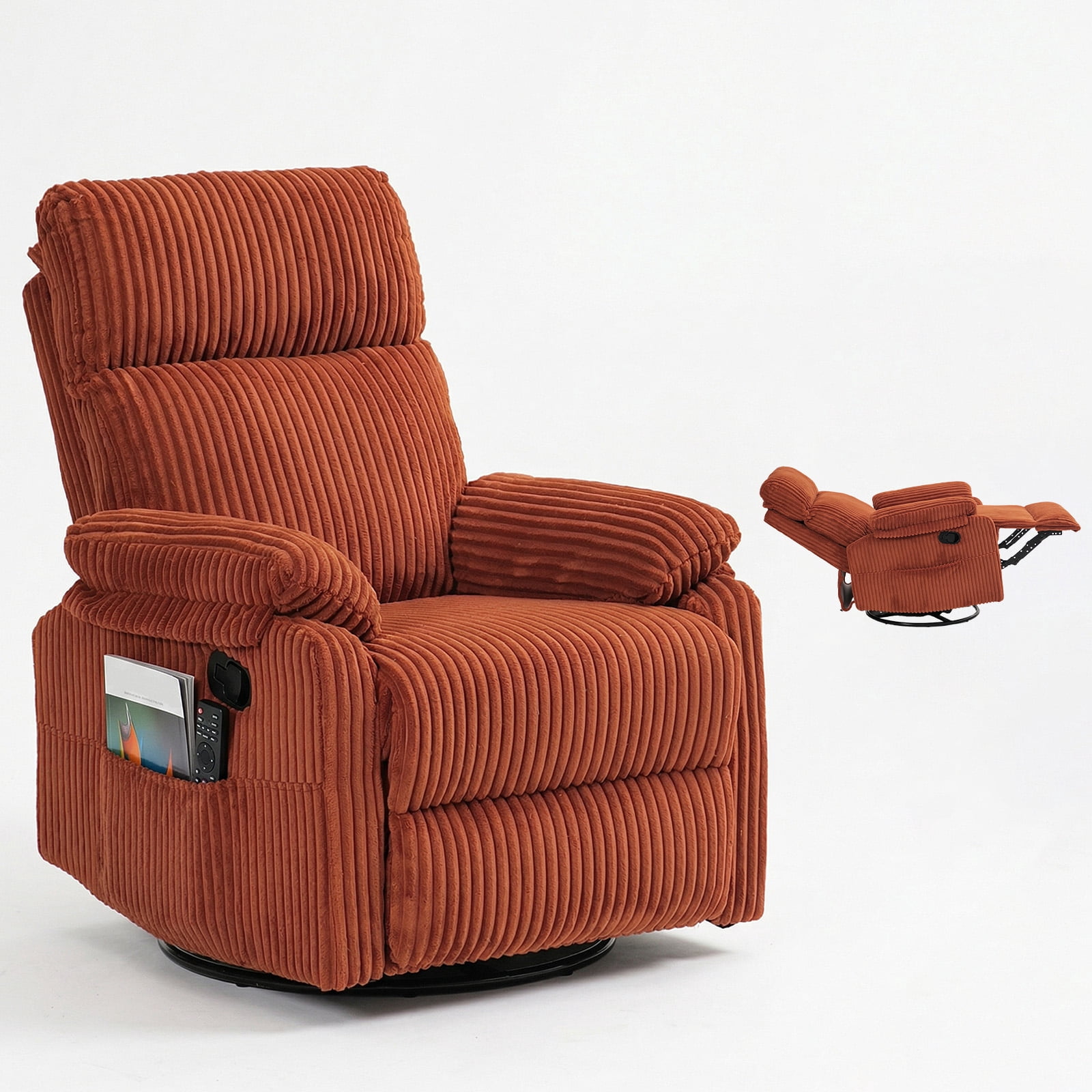 Leumius Swivel Recliner Chair,360° Swivel Rocker Chair for Living Room,Upholstered Nursery Glider Recliner Chair for Small Spaces,Manual Recliner for Adults for Home Theater,Orange