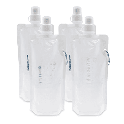 4 Pack 20oz/ 600ml Collapsible Water Pouch for Sawyer Squeeze Mini Water Filtration System, Compatible with Membrane Solutions and Other Water Filter Straw; Foldable Water Bottle, Reusable, BPA-Free