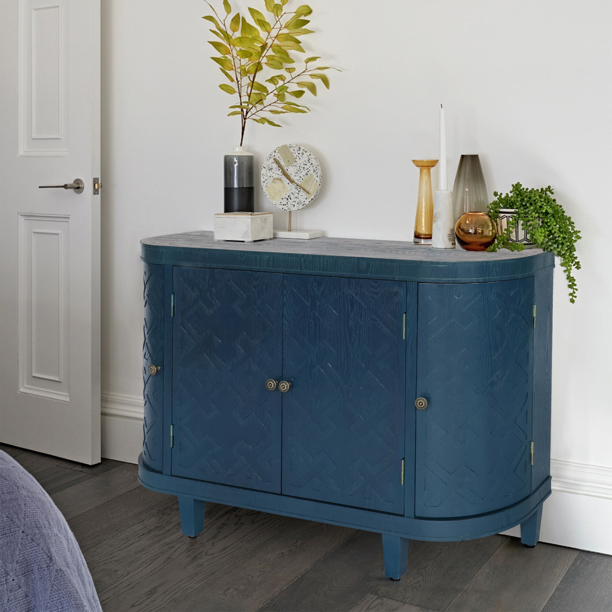 AENKYO Vintage Accent Cabinet with Carved Doors – Stylish Sideboard Buffet for Living Room & Entryway, Dark Blue