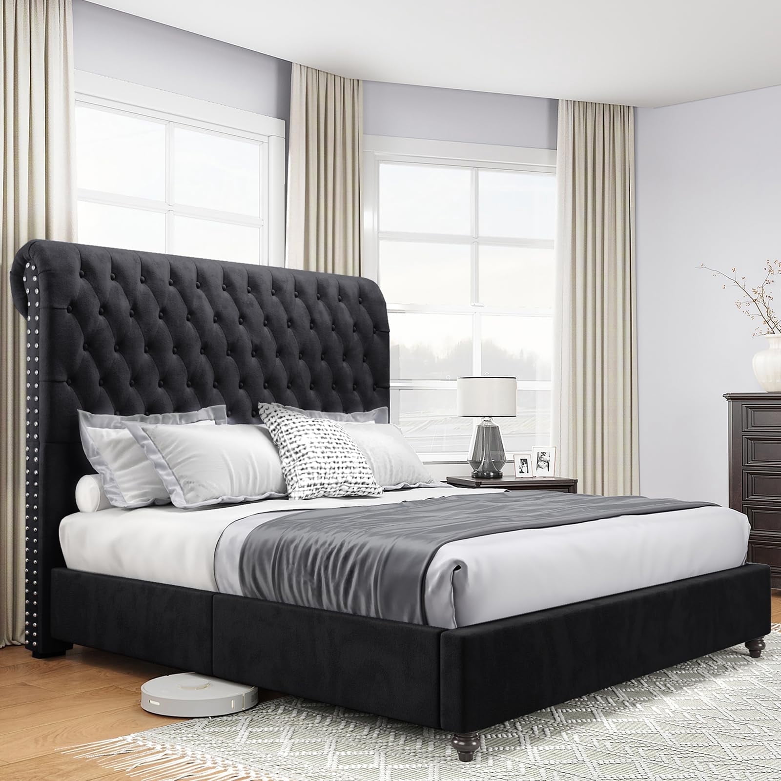 PLAUIN Queen Bed Frame with Sleigh and Button Tufted Headboard,Velvet Upholstered,Black