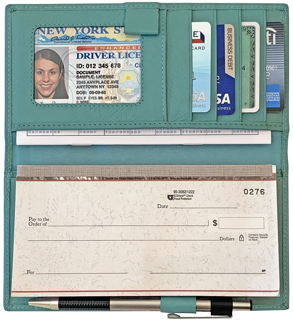 Turquoise RFID Leather Checkbook Cover With Credit Card Slots and Pen