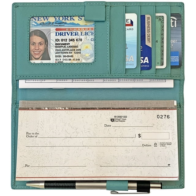 Turquoise RFID Leather Checkbook Cover With Credit Card Slots and Pen