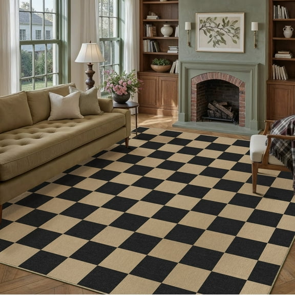 WIPONKEN 8'x10' Large Checkered Easy Jute Area Rugs for Living Room, Washable Outdoor Patio Rugs Indoor Carpet for Farmhouse Neutral Geometric Non Slip, Black Checkered
