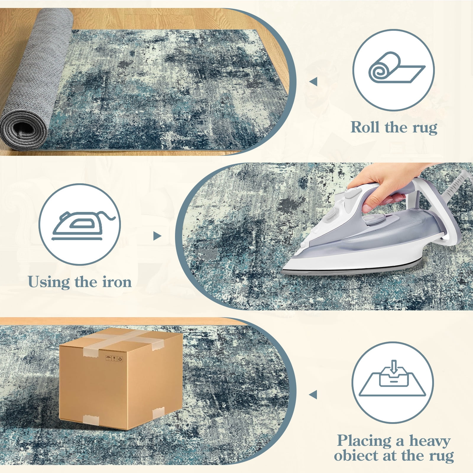 RUG ROBOT 3'x5' Area Rugs for Entryway, Non-Slip Washable Throw Rug, Indoor Soft Modern Abstract Distressed Doormat, Small Rug for Bedroom, Kitchen, Terrace, Balcony, Blue/Gray