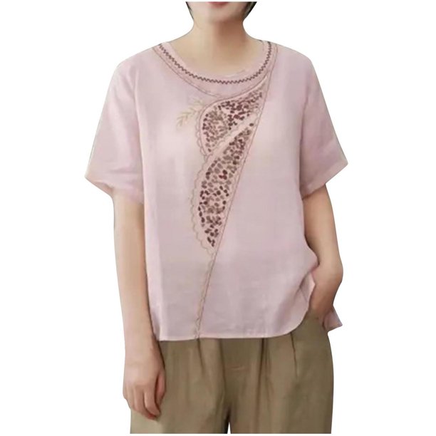 Camiseta de Manga Corta de Cuello Redondo Bordado de las Mujeres Sueltas de Verano, Top de Poliéster de Moda para Diario