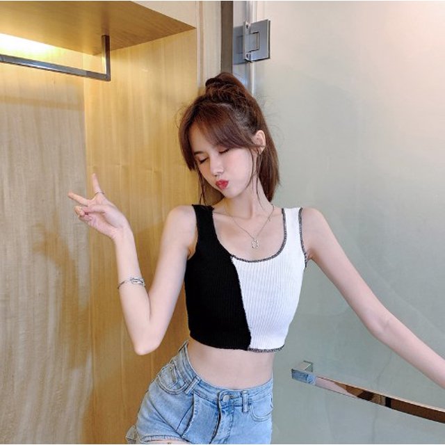 VISgogo Chaleco Femenino, Contraste de Color Cuello en U Sin Mangas Acanalado Crop Tops Camisole Pullover para Verano VISgogo moda