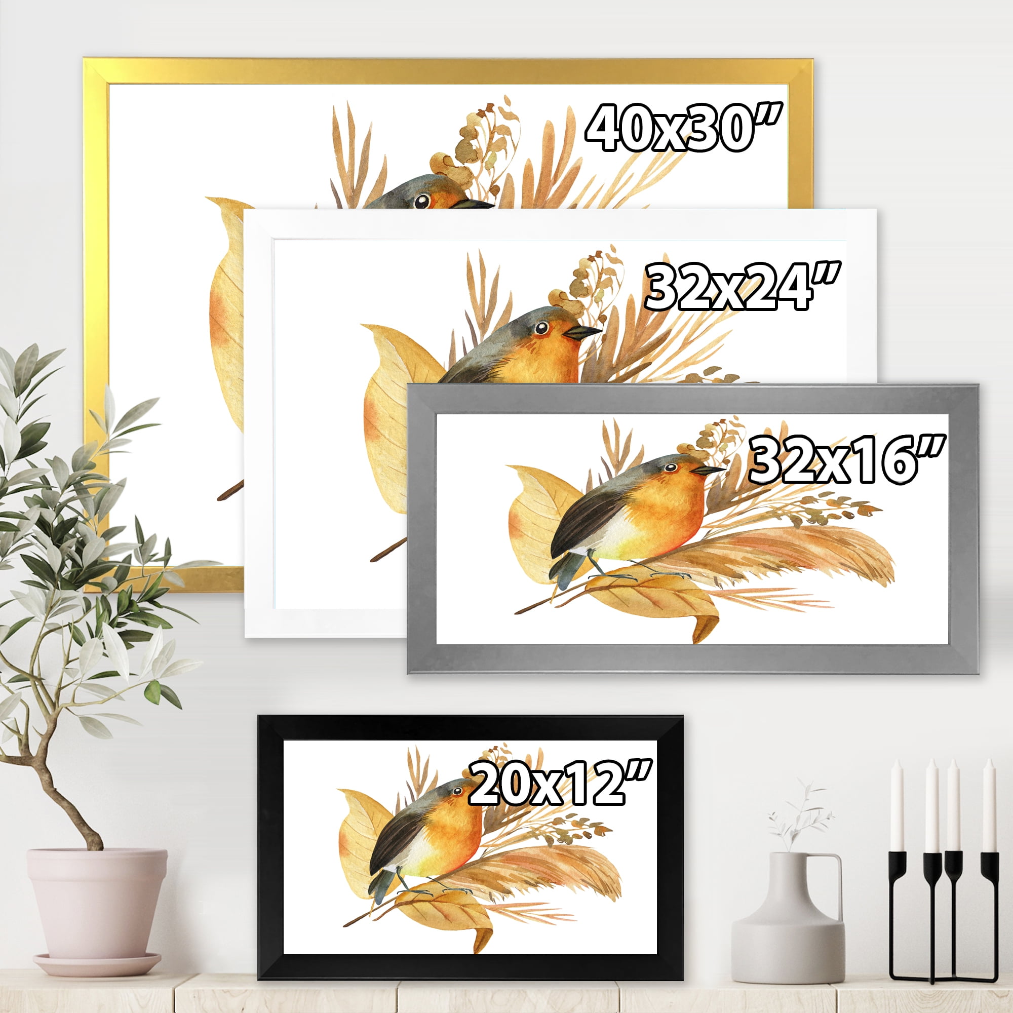 Designart 'Autumn Flowers and Robin Bird' Traditional Framed Art Print