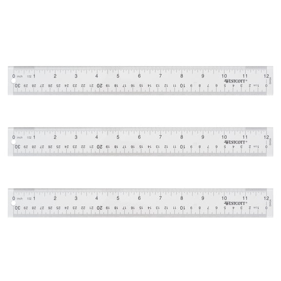 Westcott 12" Clear Acrylic Ruler, Metric Imperial Office 3-Pack, Suitable for Home School and Office Use