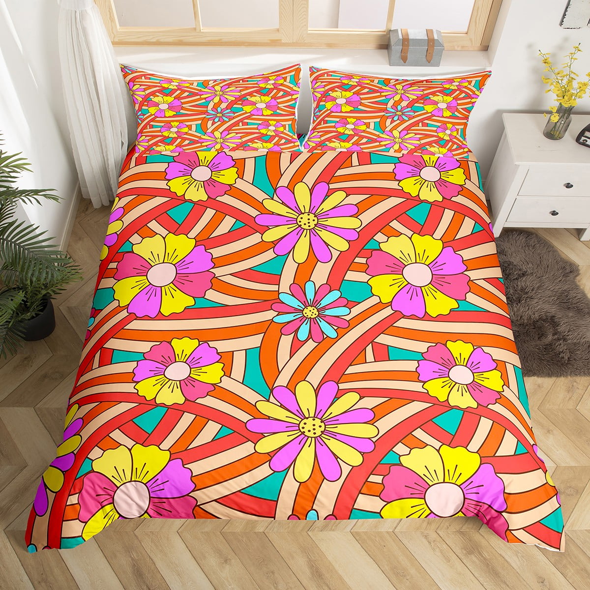 YST Colorful Floral Comforter Cover 70S Groovy Flowers Duvet Cover Twin For Girls Teen Women