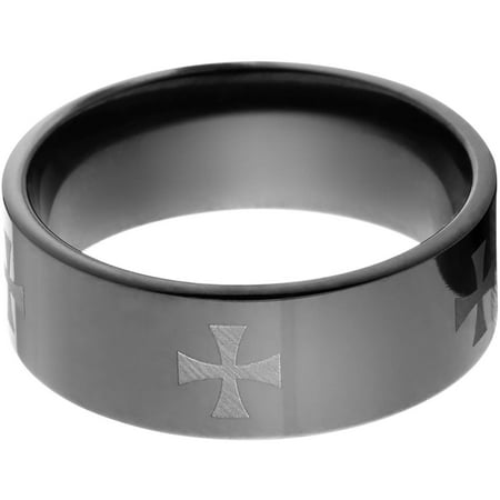 8mm Flat Black Zirconium Ring with a Laser Celtic Cross