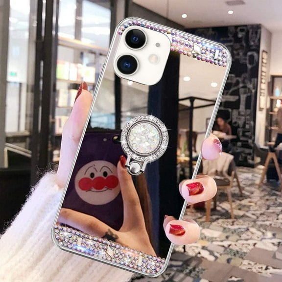 for iPhone 11 Diamond Glitter Case Mirror Makeup Cute for Girls Women Protective Cover with Bling Crystal Rhinestone Ring Holder Finger Grip Stand Kickstand Case for iPhone 11 Silver