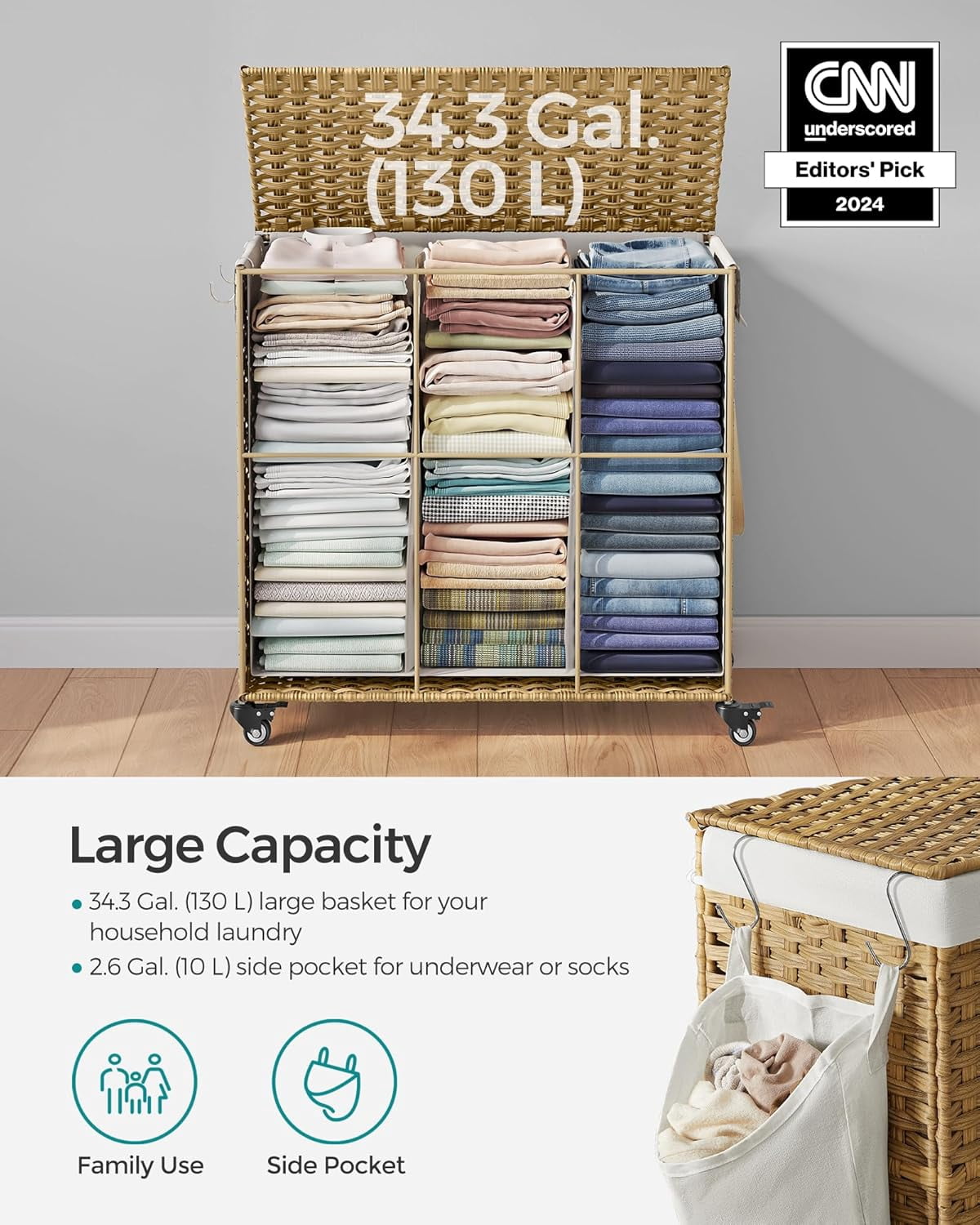 Laundry Hamper with Lid, 37 Gallons Rolling Laundry Basket with Wheels, 3-Section Synthetic Rattan Bedroom, 26 x 13 x 26 Inches, Natural