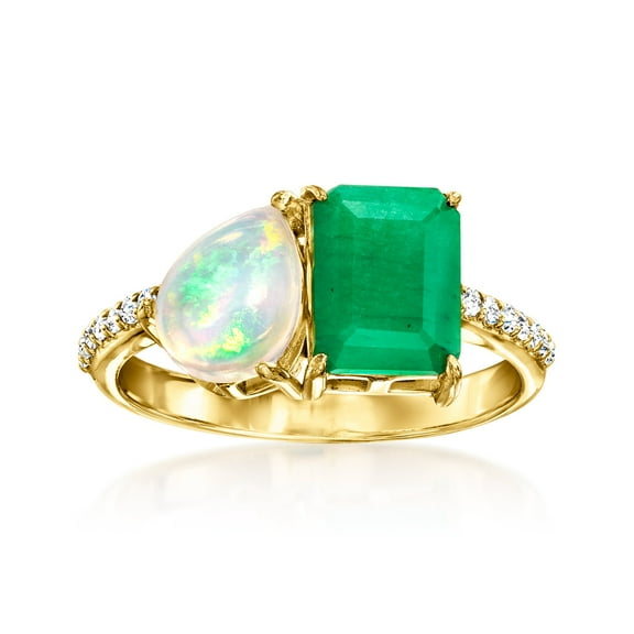 Ross-Simons Opal and 1.80 Carat Emerald Toi Et Moi Ring With .10 ct. t.w. White Topaz in 18kt Gold Over Sterling, Women's, Adult