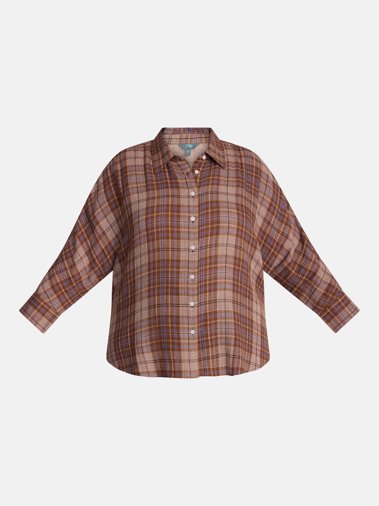 Terra & Sky Women's Plus Button Front Woven Shirt with Long Sleeves, Sizes 0X- 5X