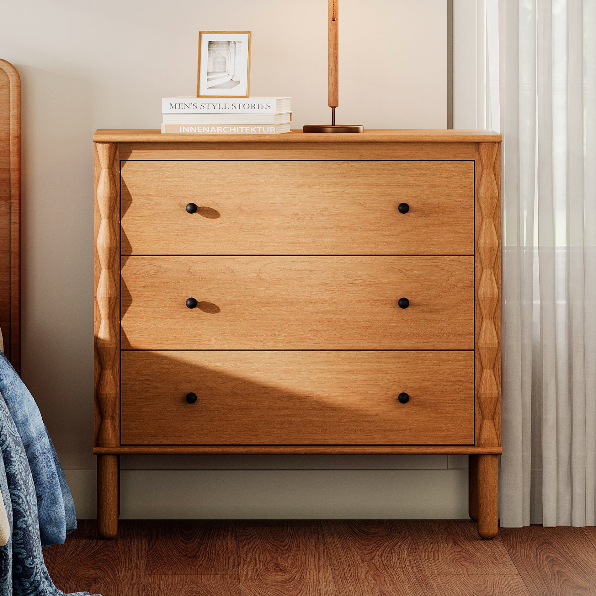 WAMPAT Nightstand with 3 Drawer，Solid Wood & Hand‑Carved Design Bedside Table for Bedroom,Walnut