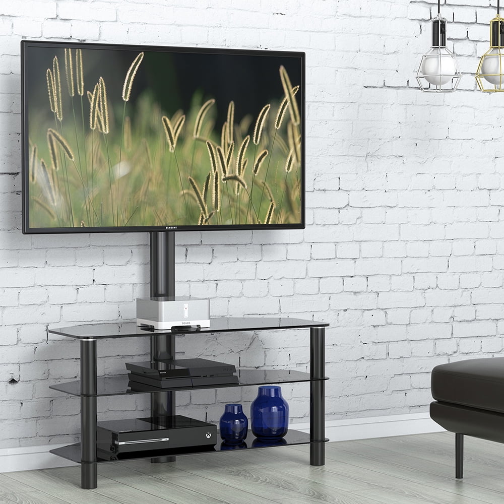 FITUEYES Universal Swivel TV Stand with Mount and Glass Shelves for 32