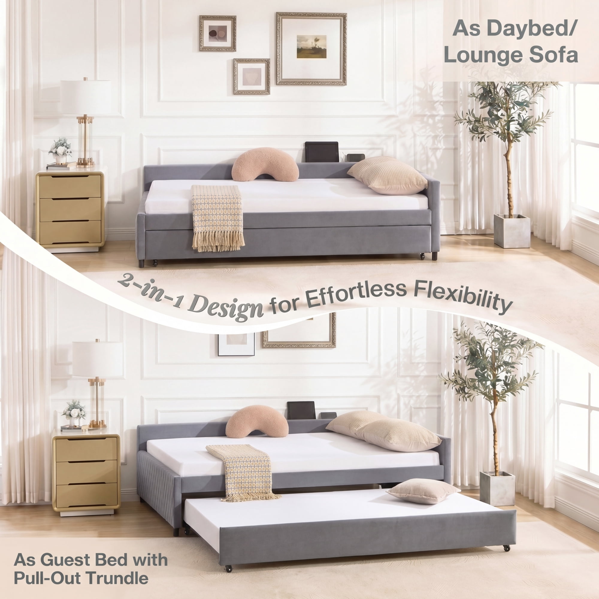 Leumius Upholstered Daybed with Trundle,Sturdy Wooden Bed Frame, Modern Diamond Grid Design for Bedroom Guest Room (Grey)