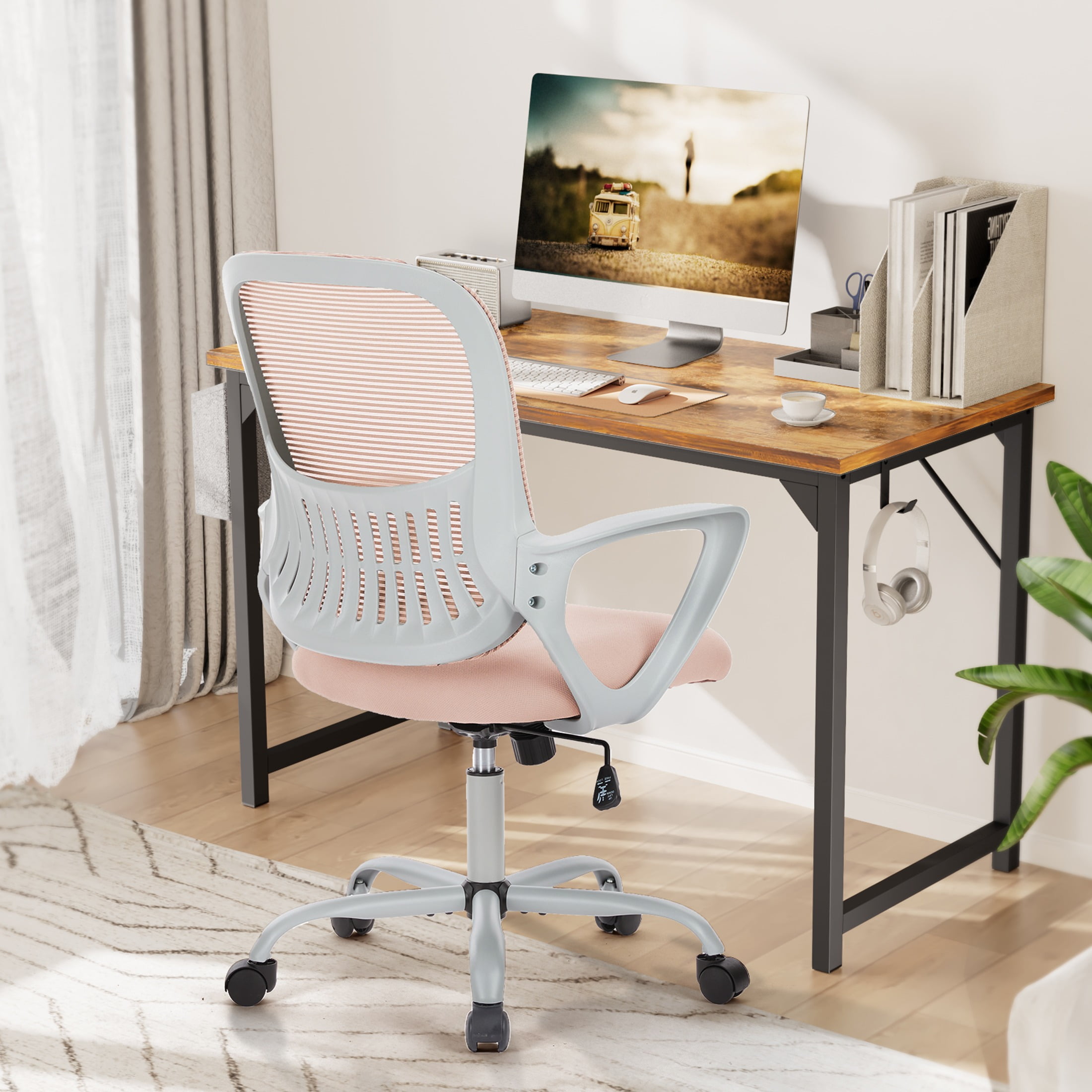 EDX Home Office Mid Back Mesh Desk Chair with Comfortable Armrests and Cushion, Pink